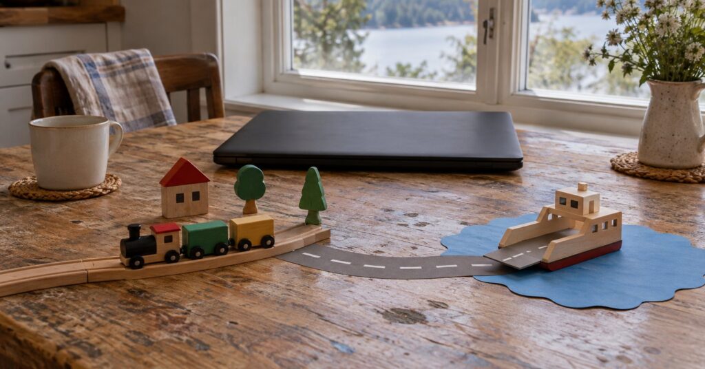 A wooden toy train and a small ferry on a table by a window.