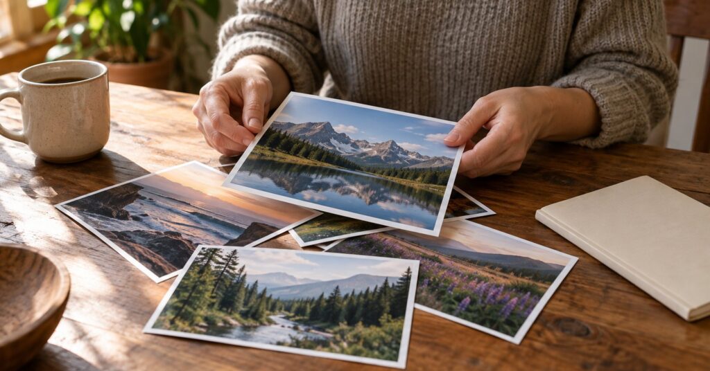 A person sorting printed photographs on a wooden table beside a closed notebook.
