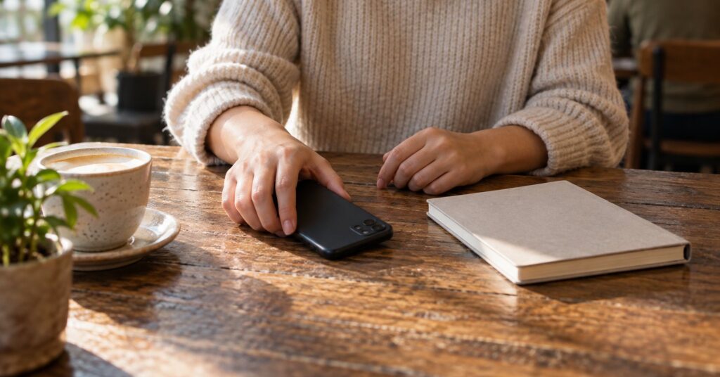 A person holding a phone face down beside a closed notebook on a cafe table