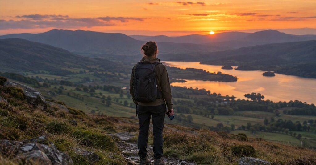 A walker on a hillside path looks across a valley while holding a dark phone.