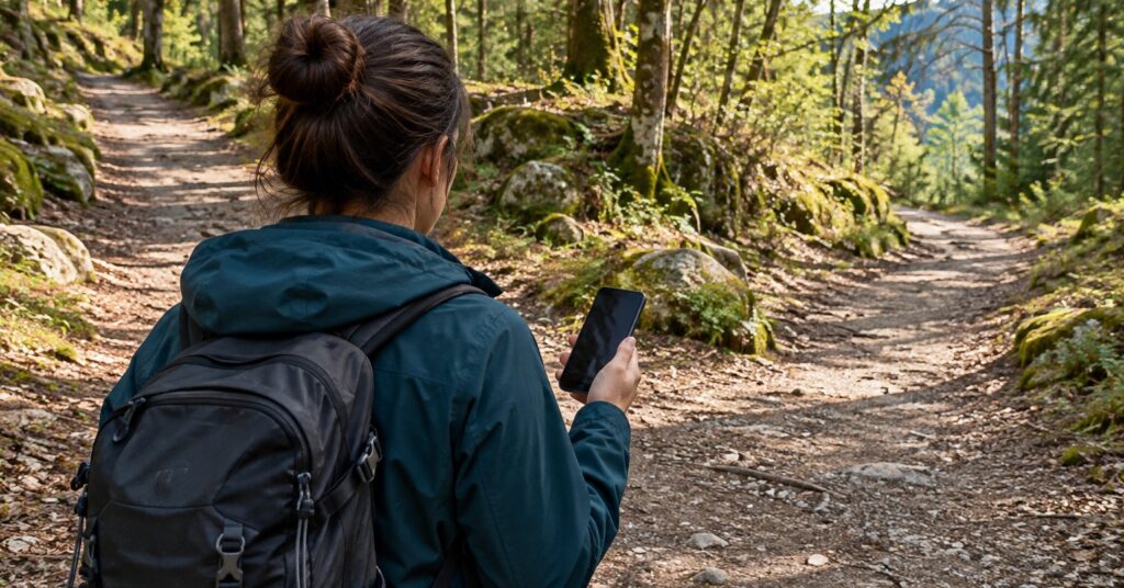 Walker holding a phone beside a woodland trail junction