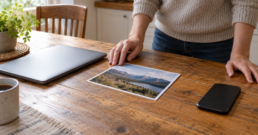 A face-down phone and a closed laptop on a wooden table beside a printed photo.