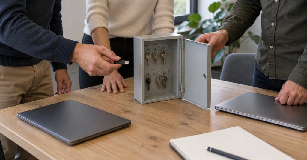 Three colleagues beside closed laptops, a metal key cabinet and an unmarked USB drive.