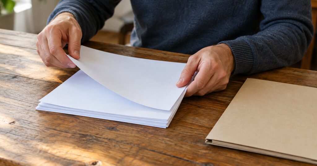 Hands reordering a stack of printed pages on a wooden table