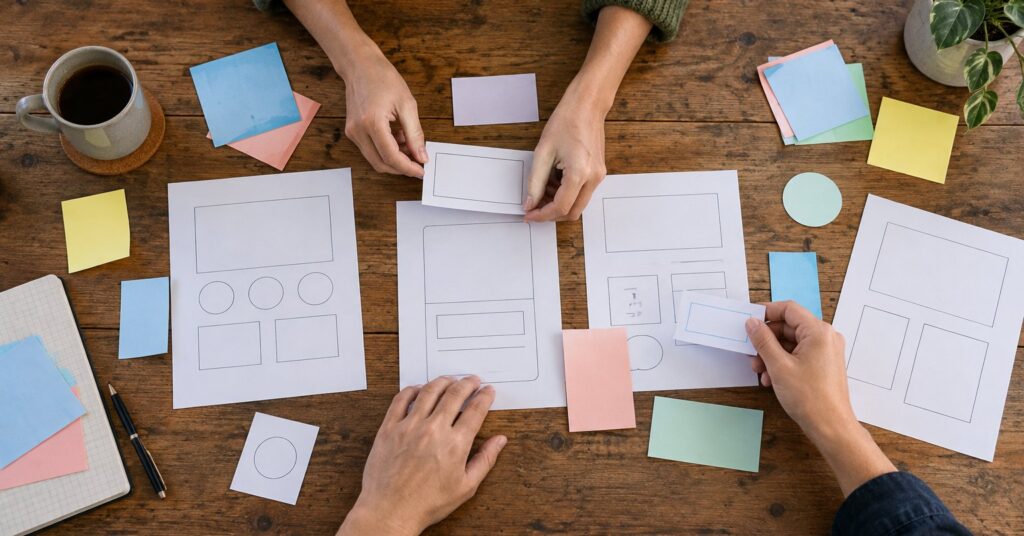 Two people arranging paper interface sketches and coloured shapes on a wooden desk.