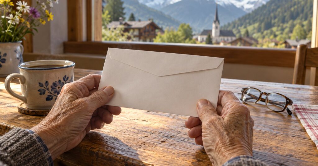 An older person's hands holding an envelope at a kitchen table, with an alpine village outside the window