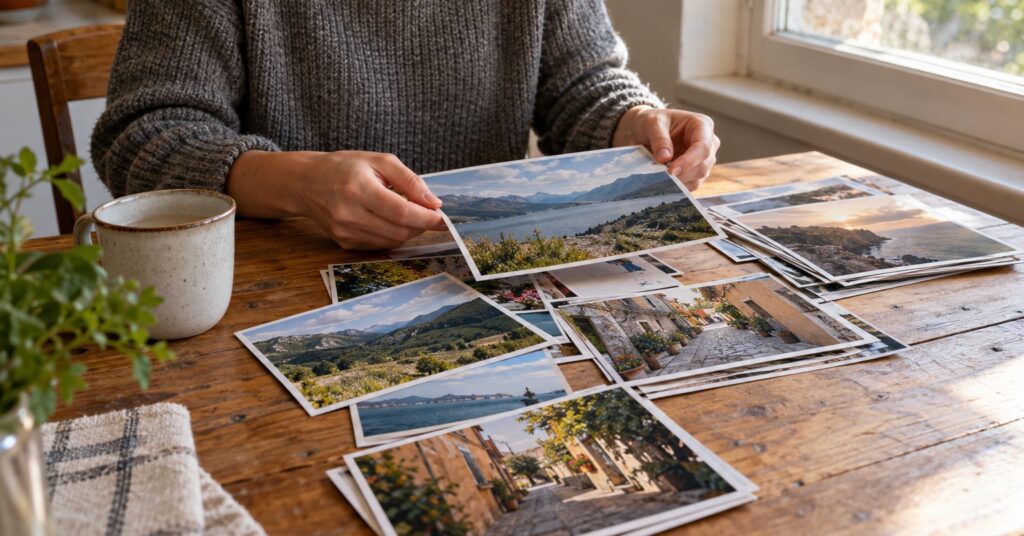 Hands sorting printed landscape and street photographs on a wooden table.
