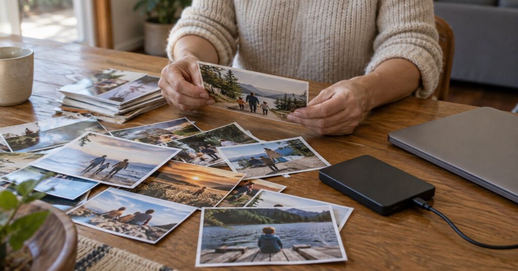 Hands sorting family photographs beside an external drive and closed laptop on a wooden table.