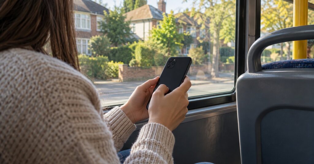 A passenger holds a phone with its screen turned away beside a bus window.