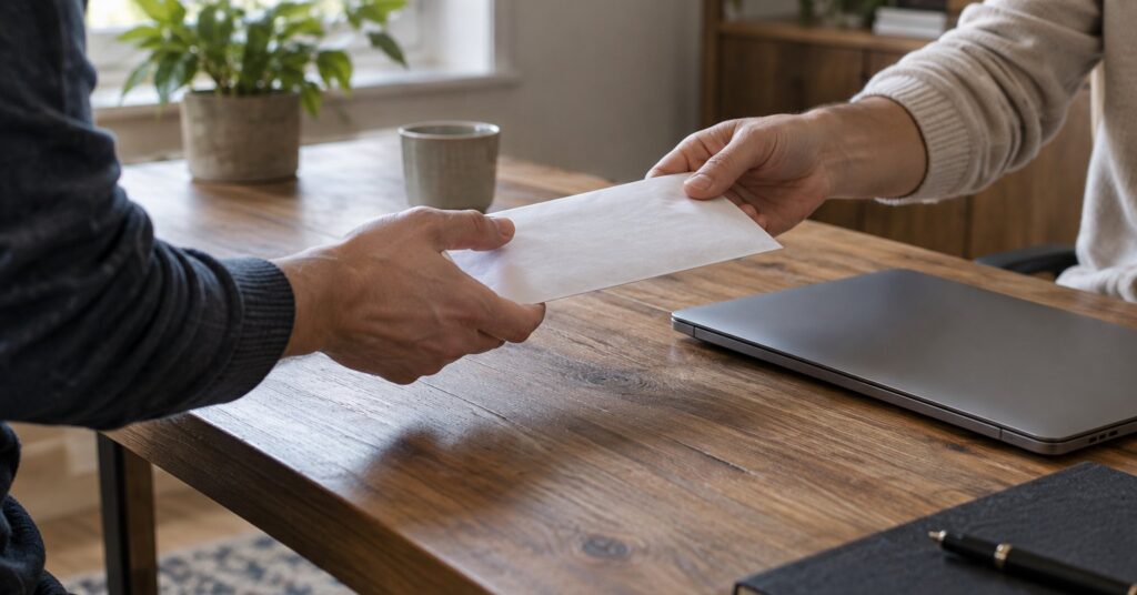 Two people passing a sealed envelope across a desk beside a closed laptop.
