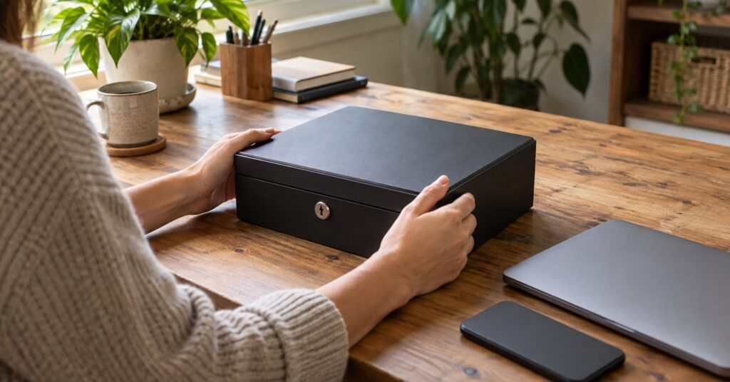 A face-down phone, closed laptop and locked document box on a home desk.