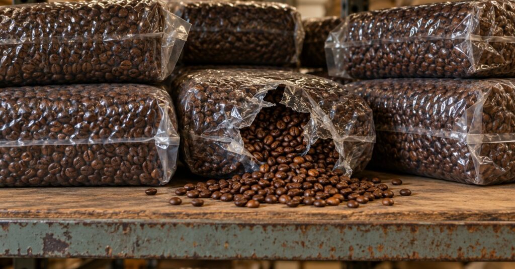 Vacuum-packed bags of coffee beans on a warehouse shelf, one split open and spilling