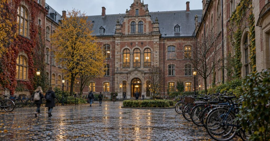 A historic university courtyard in autumn with bicycles and wet cobblestones