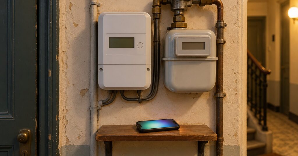 Electricity and gas meters on an apartment hallway wall with a phone on a shelf below