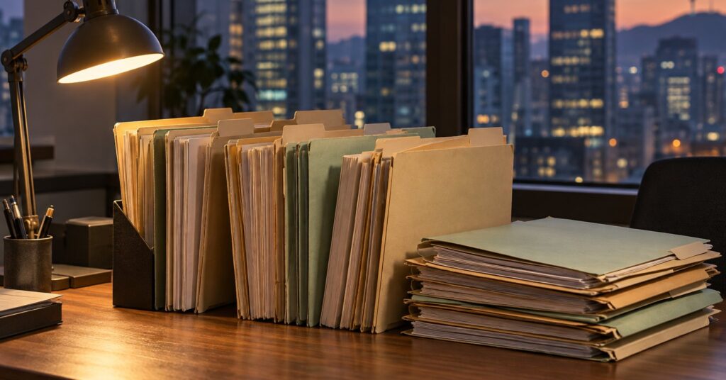 Stacks of blank record folders on an office desk with Seoul high-rises at dusk behind