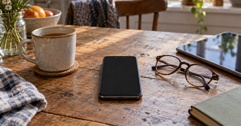 An older smartphone on a kitchen table next to a cup of tea and reading glasses