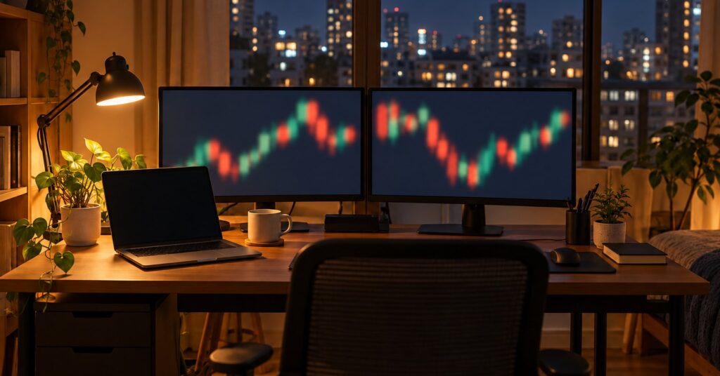 A home trading desk at night with two monitors showing blurred charts and city lights outside