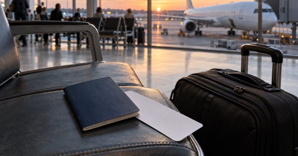 Passengers' luggage and a passport on a seat at an airport departure gate with a plane outside the window