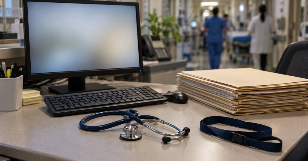 A hospital administration desk with a computer, paper files and a stethoscope