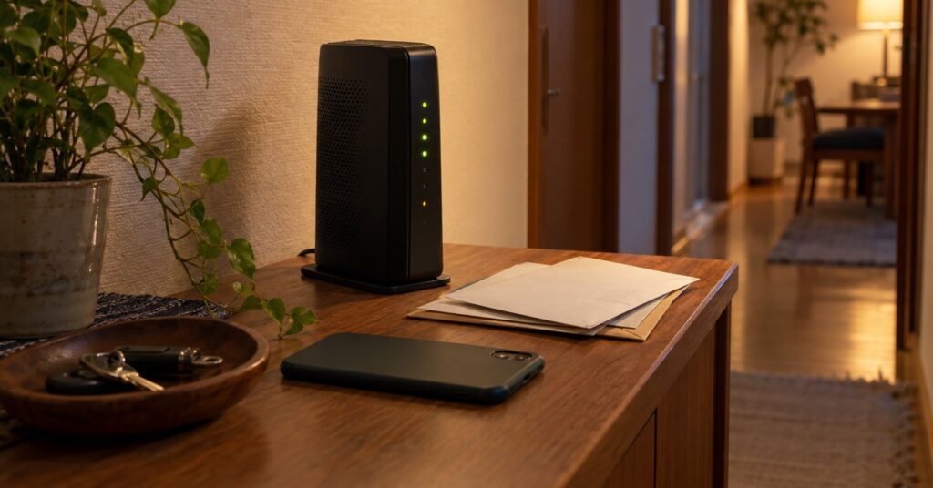 A home internet router with blinking lights on a shelf in a Japanese apartment, next to a phone and a stack of letters