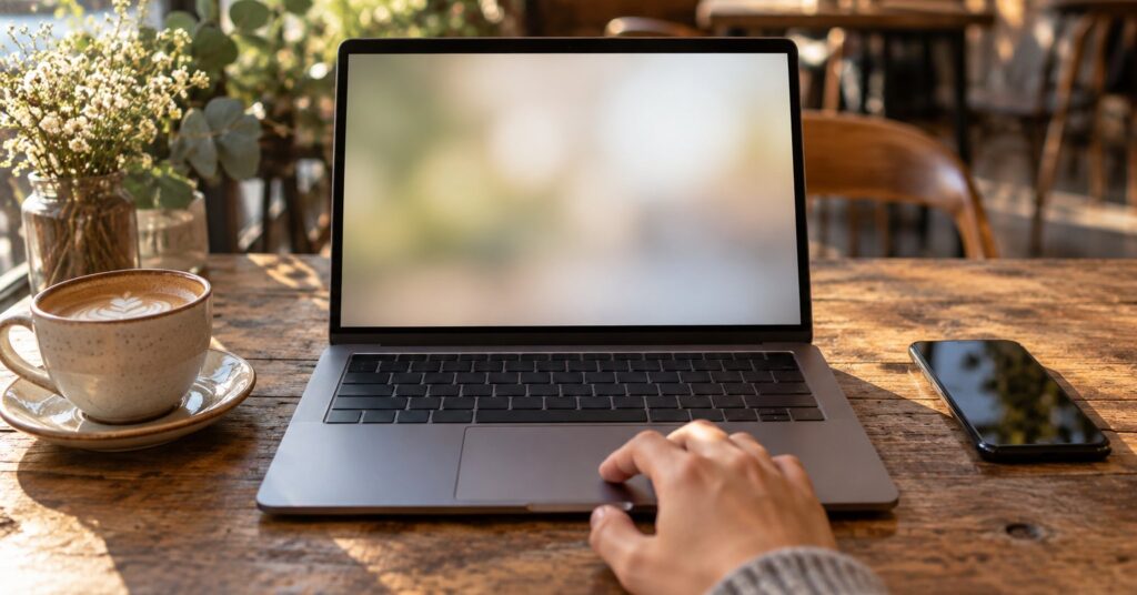 A laptop on a cafe table with a coffee cup, its screen showing a soft blank glow