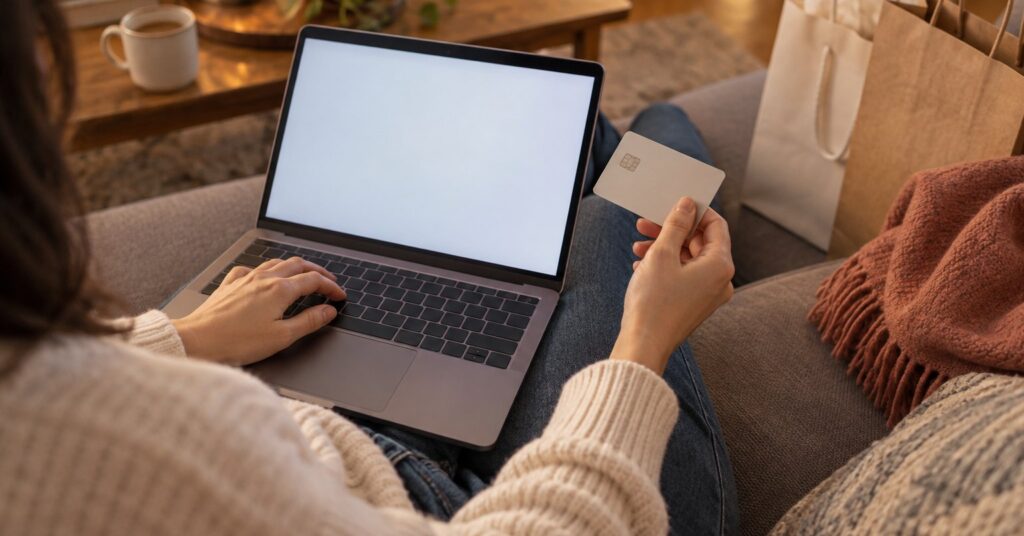 A person holding a bank card while shopping online on a laptop on a sofa