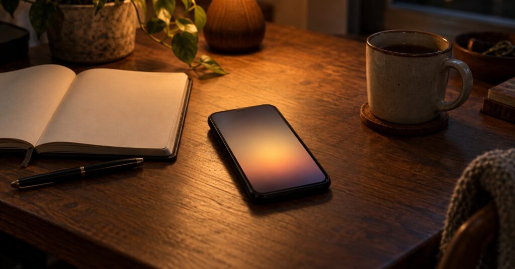 A smartphone ringing on a desk with an unknown caller, next to a notebook and a cup of coffee