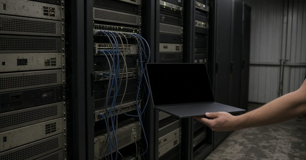 Rack-mounted servers in a data center aisle with network cables plugged in and status lights glowing