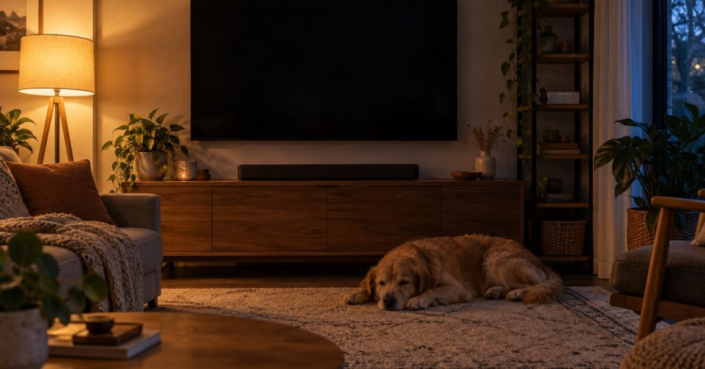 A dark wall-mounted TV above a soundbar in a dim living room, with a dog asleep on the rug.