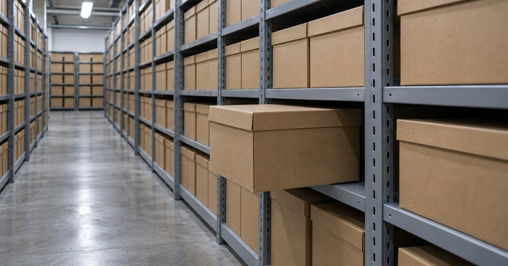 Rows of unlabeled archive boxes on metal shelving, one box pulled halfway out