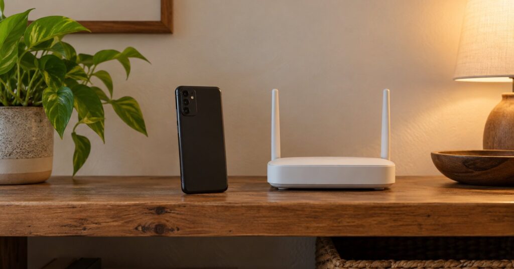 A phone beside a home router on a shelf, with the screen turned away.