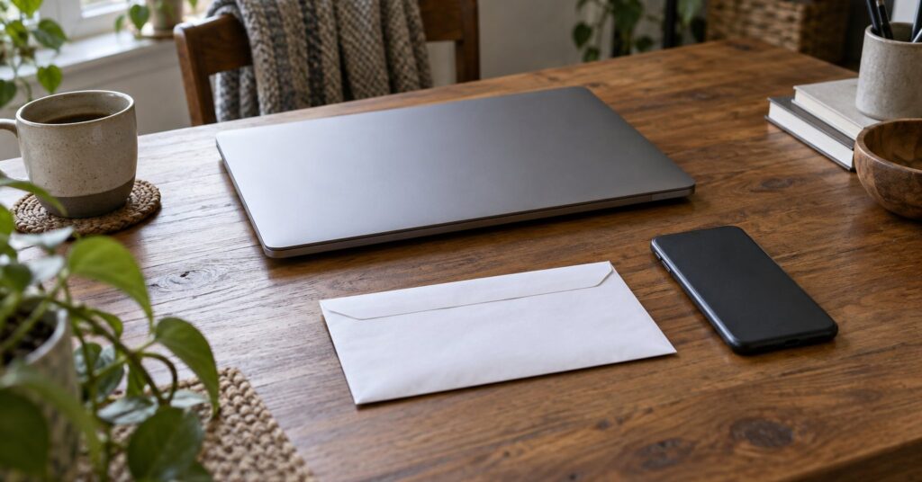 Closed laptop, sealed envelope and face-down smartphone on a home desk.