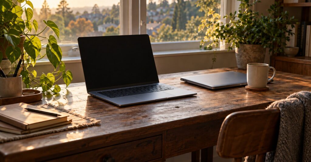 Two laptops on a wooden desk, one open toward an empty chair.