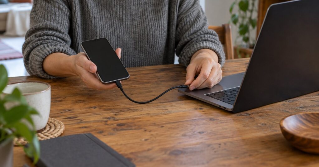 Hands connecting a phone to a laptop with a USB cable at a home desk.