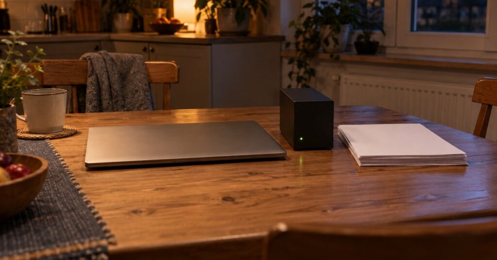 A laptop and a small home server on a table beside a stack of papers.