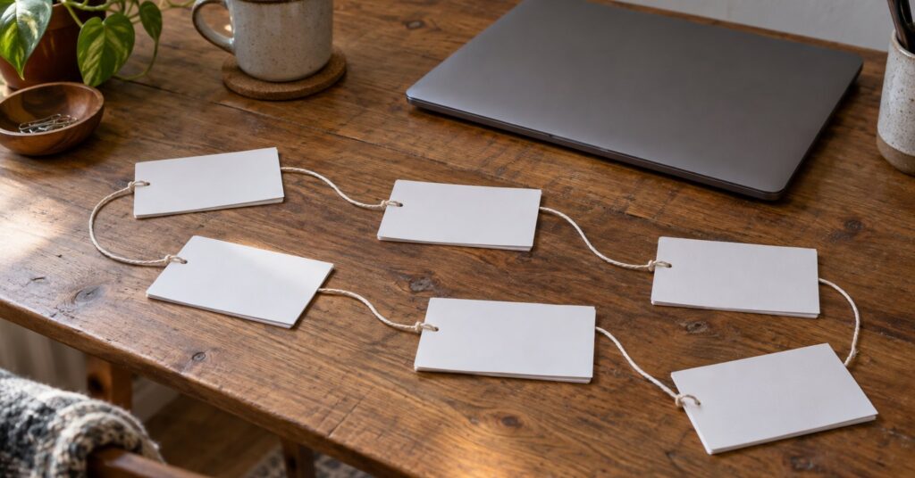 Blank index cards connected by thread on a wooden desk beside a closed laptop.
