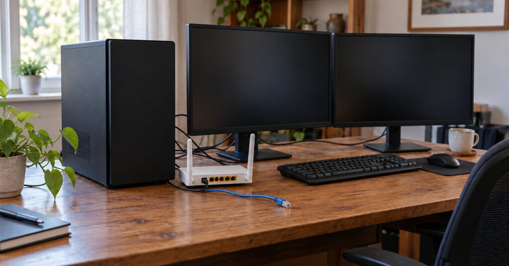 A desktop tower and a small home router on a wooden desk, with one network cable left unplugged.