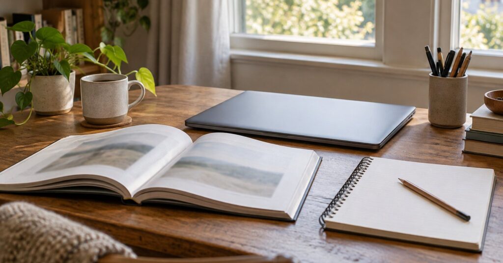 A quiet study desk with a closed laptop, an open textbook, a blank notebook and a pencil.