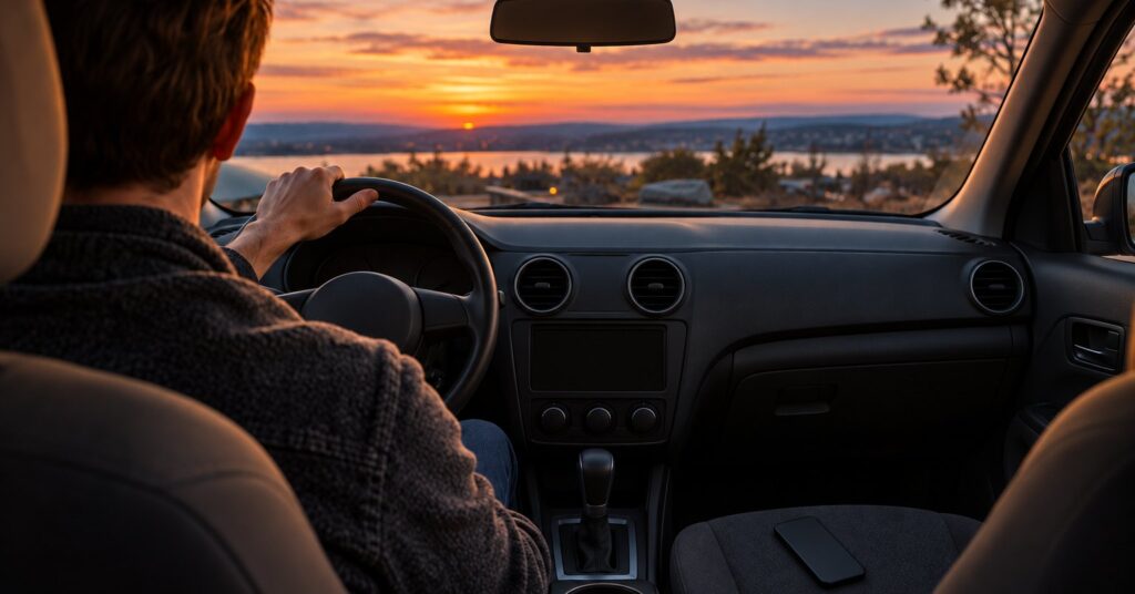 A driver sits in a parked car with a phone face down on the passenger seat.