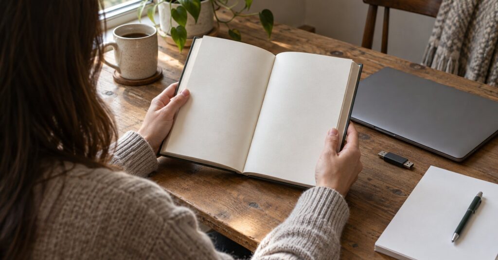 A person reading beside a closed laptop, blank paper and a USB drive on a sunlit desk.