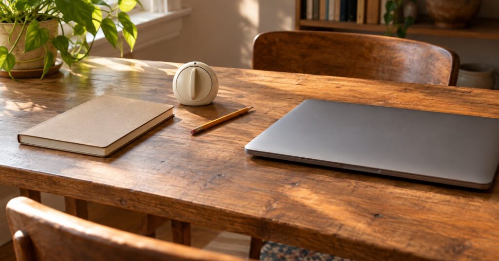 Closed notebook, kitchen timer, and pencil on a wooden desk beside a shut laptop.