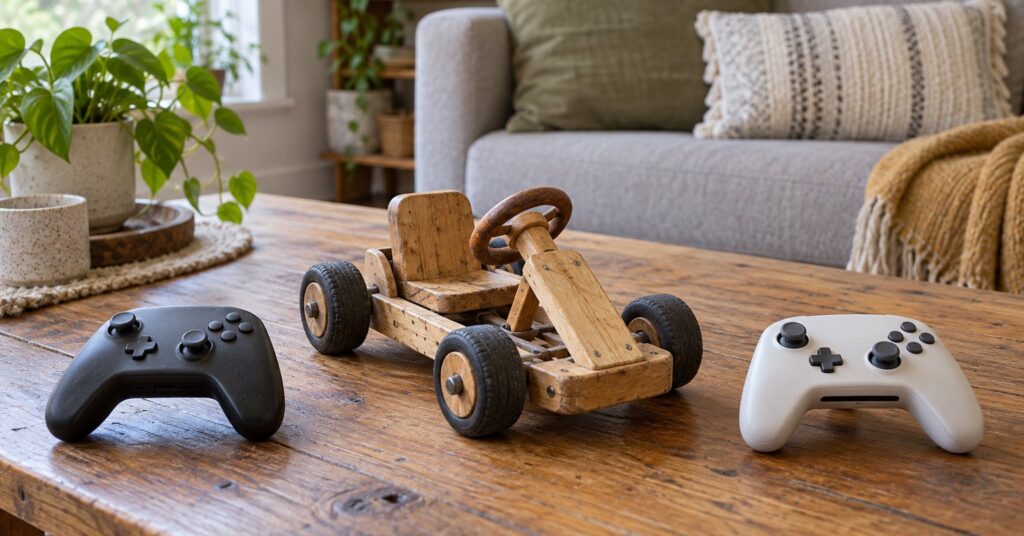 Two game controllers and a wooden toy racing kart on a living-room coffee table