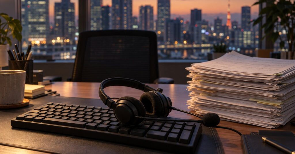A customer-support desk with a headset and a tall pile of paper forms, city lights behind