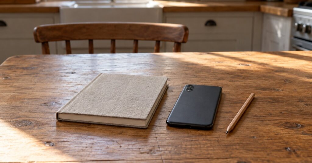 A closed notebook, a face-down phone, and a pencil on a wooden table.