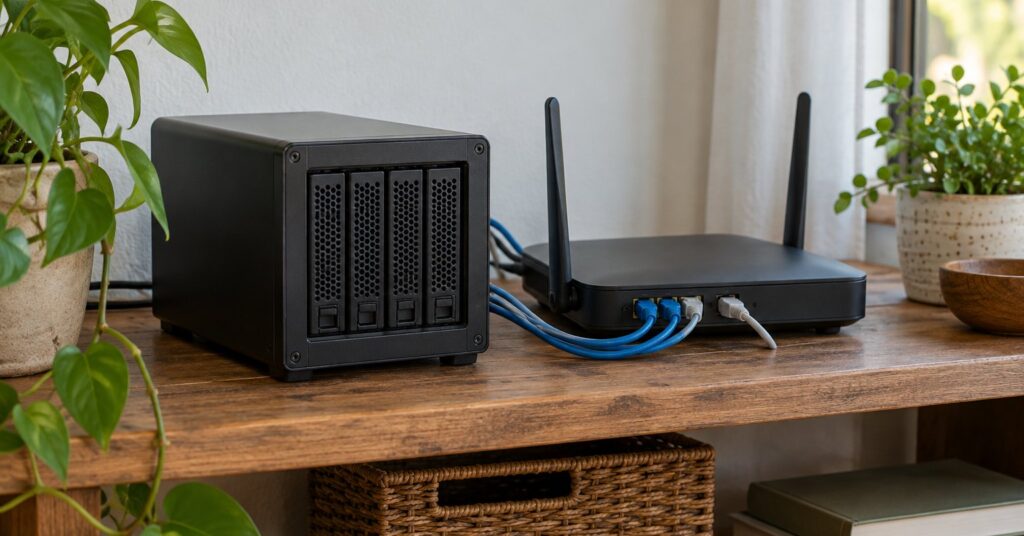 A small home server beside a router with neatly connected Ethernet cables on a wooden shelf.