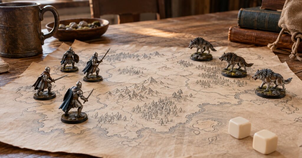 Painted miniatures and dice rest on a hand-drawn fantasy map.