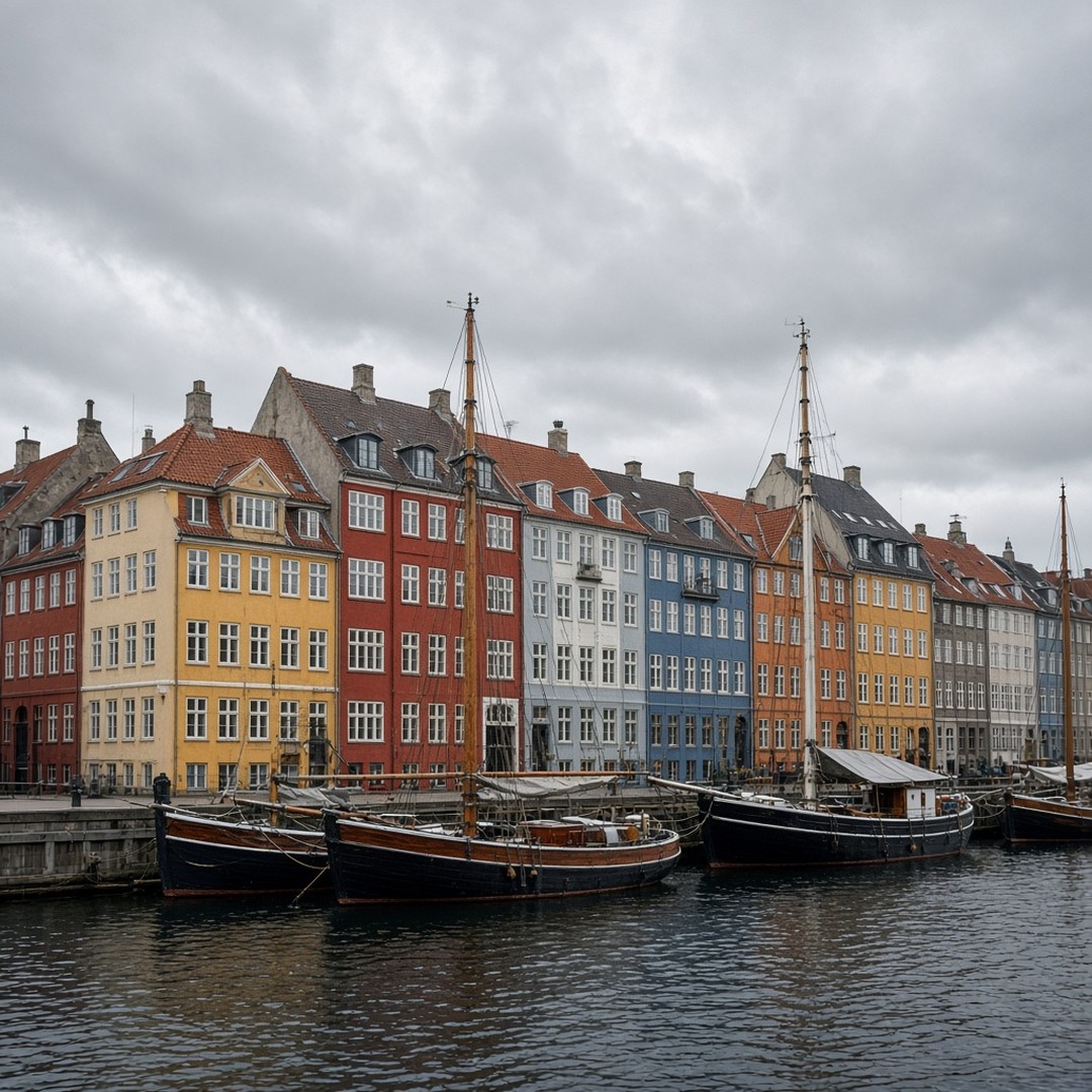Nyhavn in Copenhagen, colorful canal houses and moored boats under a gray sky