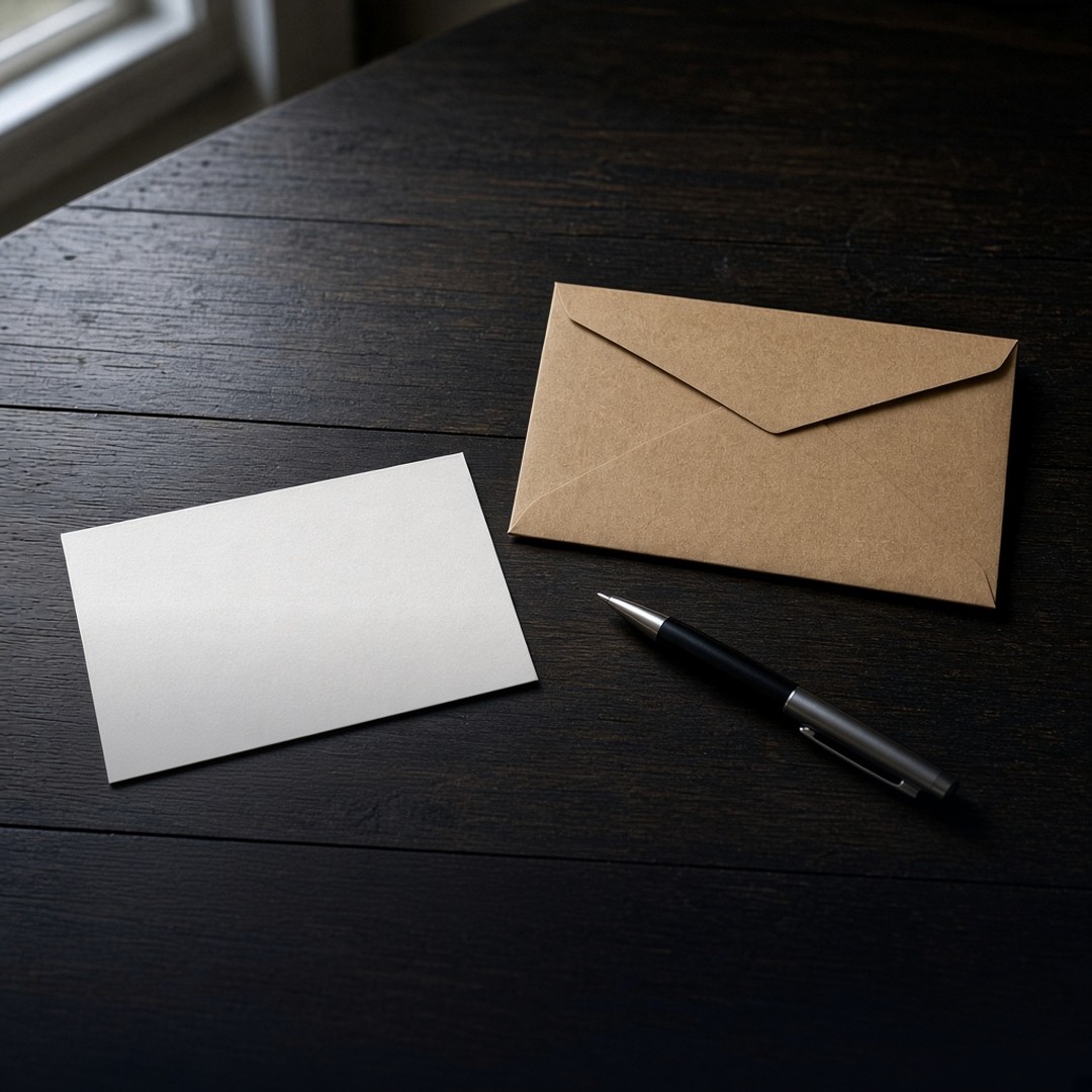A blank postcard, a sealed envelope, and a pen on a dark desk
