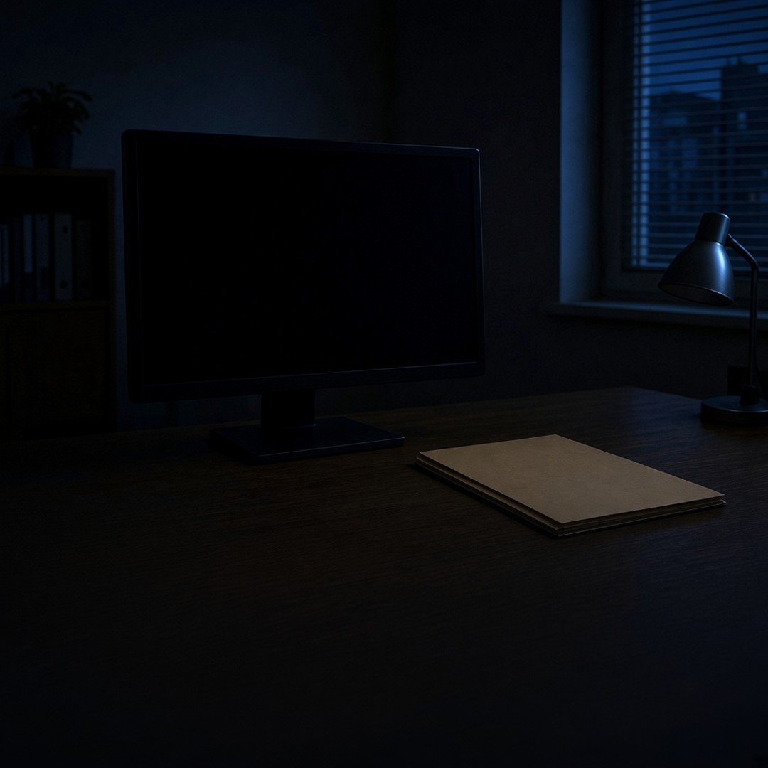 A dark office desk with a blank monitor, a folder, and a small lamp