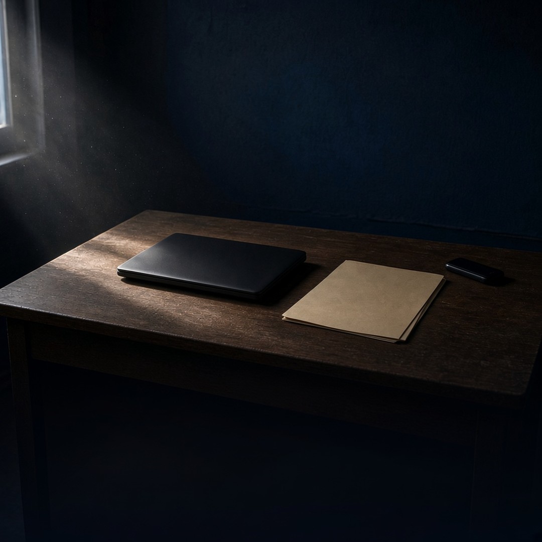 A closed laptop, a folder, and a phone on a wooden desk in a dark room